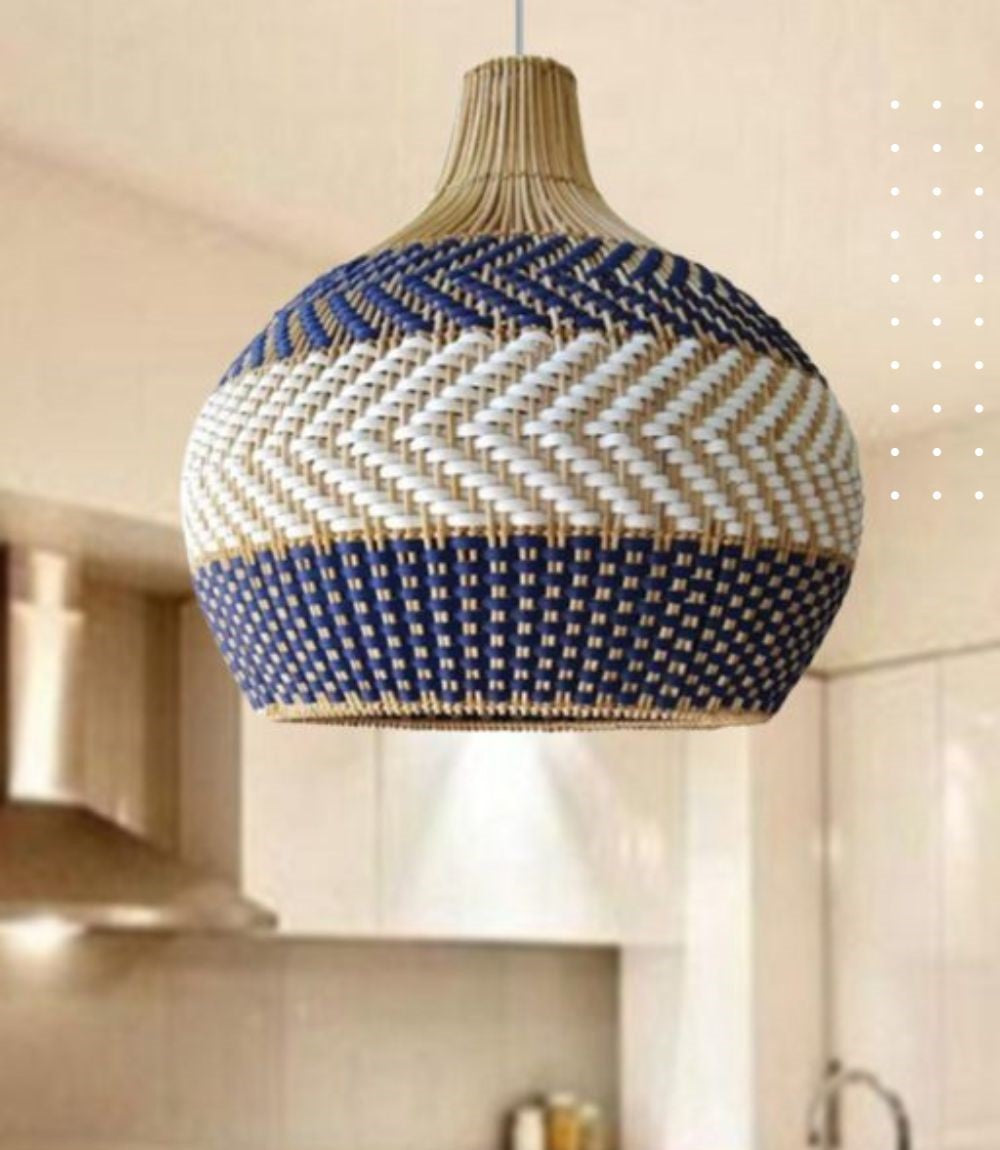 Rattan Round Pendant Light in Beige, Blue and White