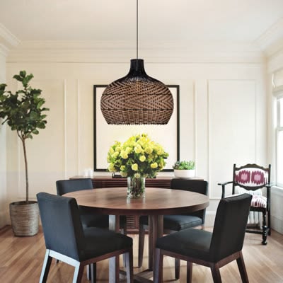 Rattan Round Pendant Light in Black and Camel Brown