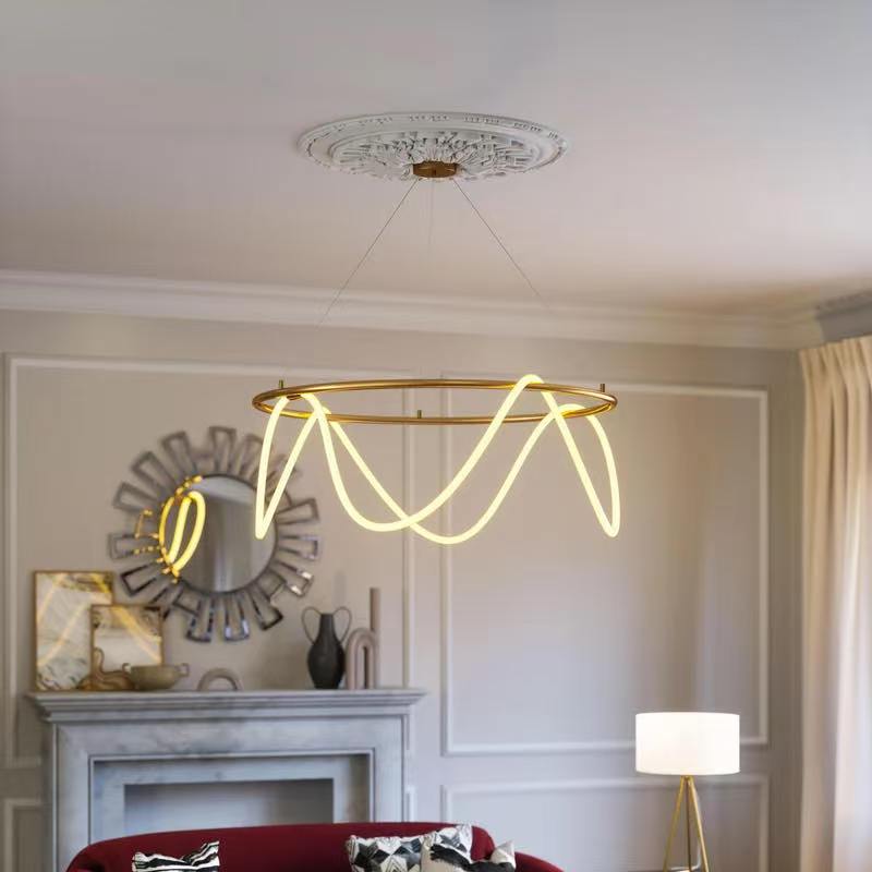 Modern LED Ring Chandelier with Flowing Silica Tube Stainless Steel Pendant Light Fixed LED