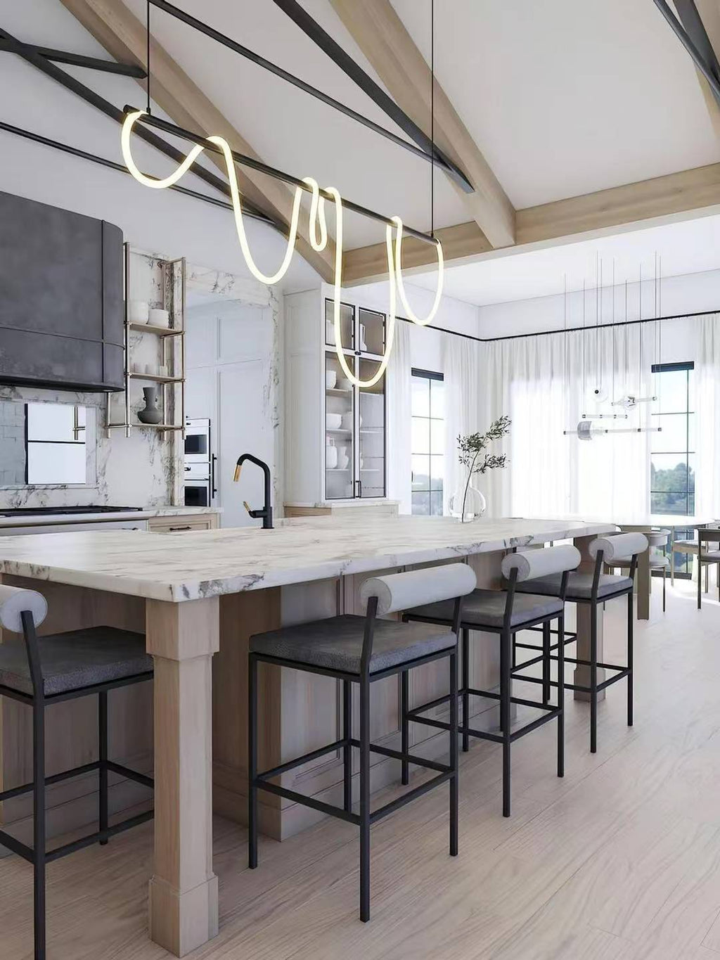 Modern Linear LED Pendant Light with Flowing Silica Tube Stainless Steel Hanging Light