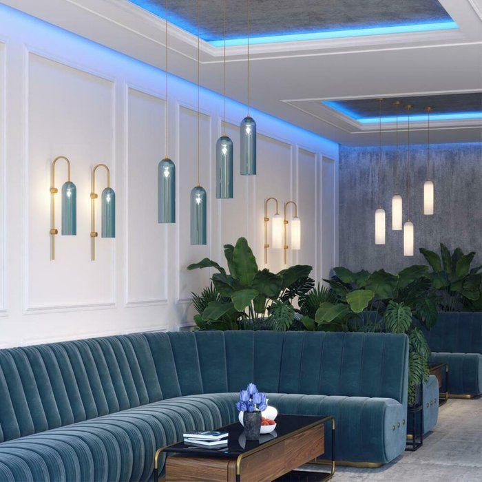 Modern Slim Glass Pendant Light Hand-Blown Aqua Green Glass with Brass Gold Metal E27 Bulb