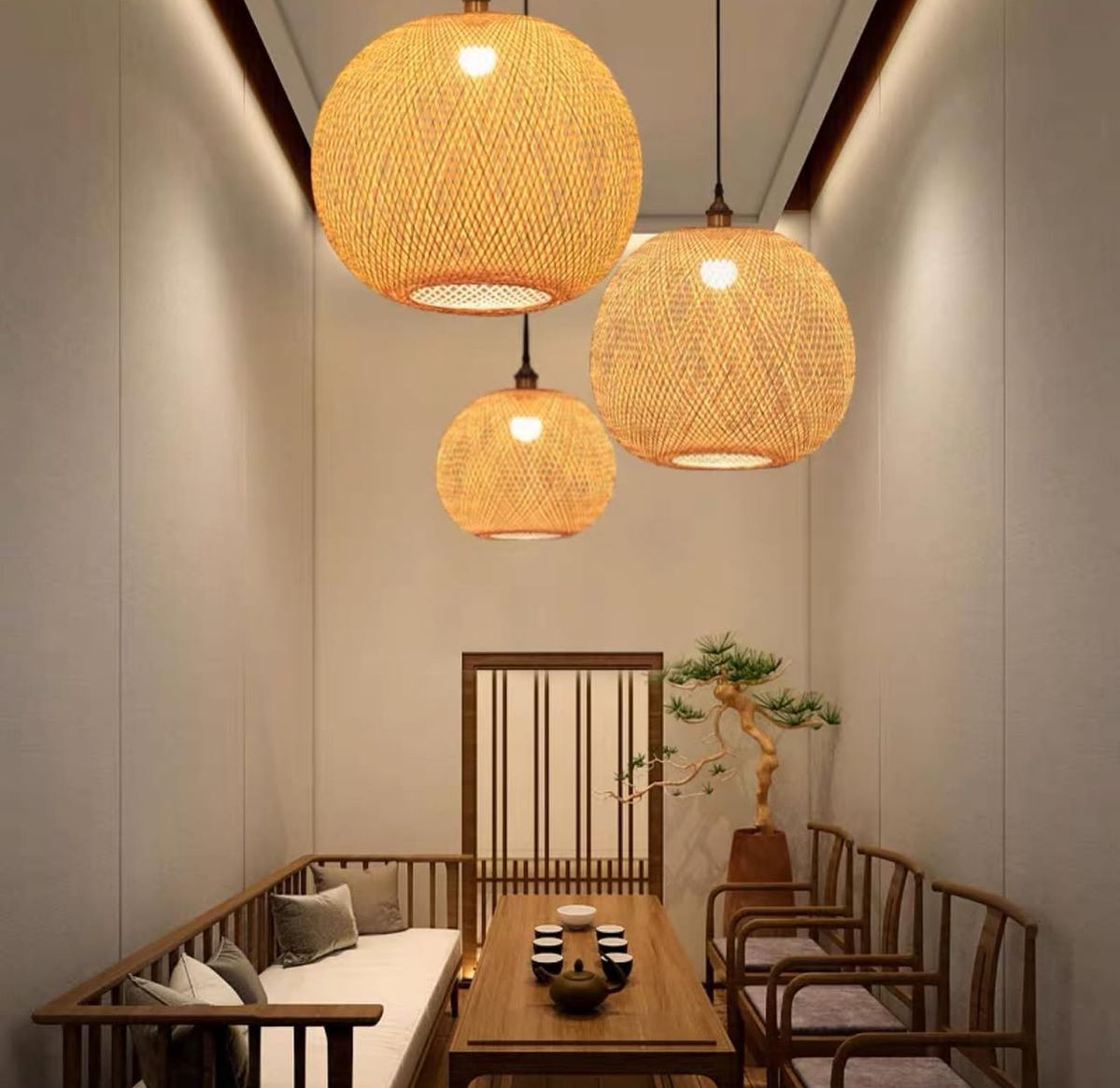 Rattan Round Pendant Light in Beige-1